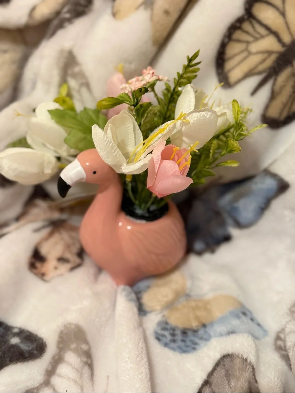 Ceramic Flamingo Vase with White & Pink Faux Flowers